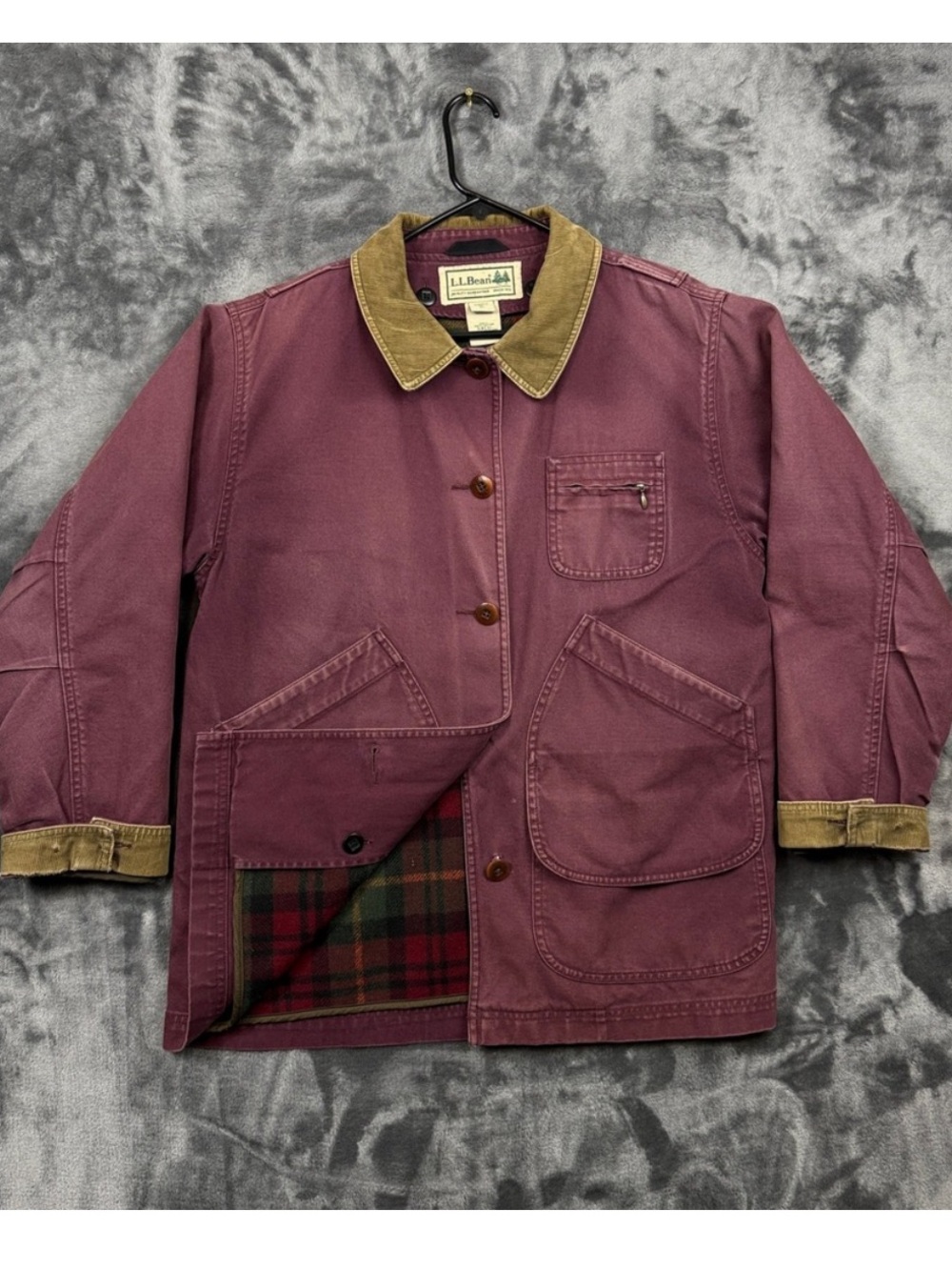 LLbean field coat barn jacket chore plum corduroy plaid lined coat burgundy - Picture 9 of 13